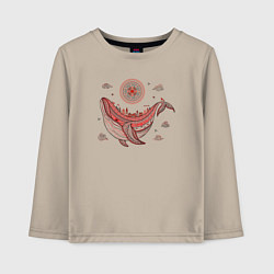 Лонгслив хлопковый детский Кит и солнце в стиле мезенской росписи, цвет: миндальный
