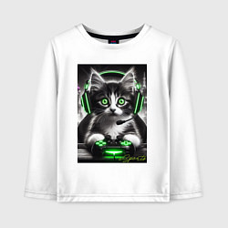Лонгслив хлопковый детский Котёнок командный геймер - киберспорт, цвет: белый
