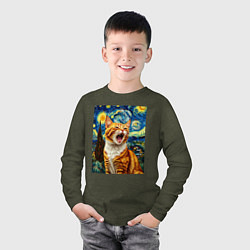 Лонгслив хлопковый детский Крик котика, цвет: меланж-хаки — фото 2