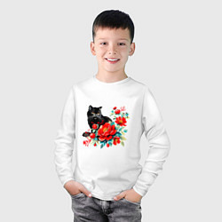 Лонгслив хлопковый детский Черный кот и красные цветы, цвет: белый — фото 2