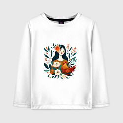 Детский лонгслив Девушка и курица в окружении цветов