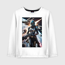 Детский лонгслив Девушка-мандалорец летит в космосе