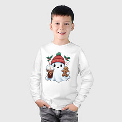 Лонгслив хлопковый детский Милое новогоднее привидение с кофе и имбирным прян, цвет: белый — фото 2