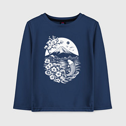 Лонгслив хлопковый детский Сакура, Фудзи и карп кои, цвет: тёмно-синий