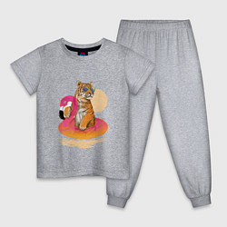 Пижама хлопковая детская Тигр на фламинго, цвет: меланж