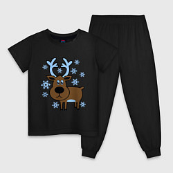 Пижама хлопковая детская Олень и снежинки, цвет: черный