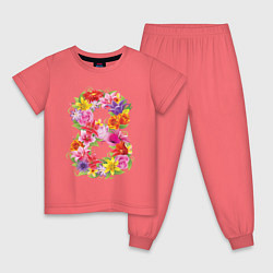 Пижама хлопковая детская 8 марта из цветов, цвет: коралловый