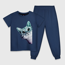 Пижама хлопковая детская Любопытный кот, цвет: тёмно-синий