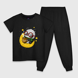 Пижама хлопковая детская Милая панда пьет кофе на луне, цвет: черный