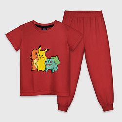 Пижама хлопковая детская Чармандер Пикачу и Бульбазавр, цвет: красный