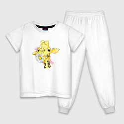 Пижама хлопковая детская Жирафа с цветком, цвет: белый