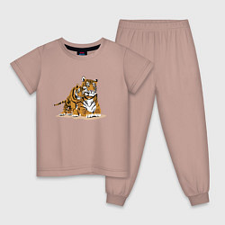 Пижама хлопковая детская Тигрица с игривым тигрёнком, цвет: пыльно-розовый