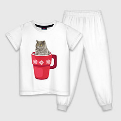 Пижама хлопковая детская Удивленный кот в кружке, цвет: белый