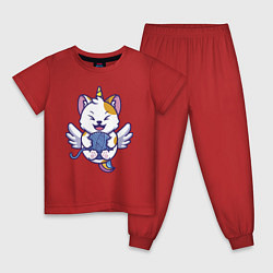 Пижама хлопковая детская Кот - единорог и клубок, цвет: красный