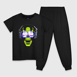 Пижама хлопковая детская Neon skull - music lover, цвет: черный