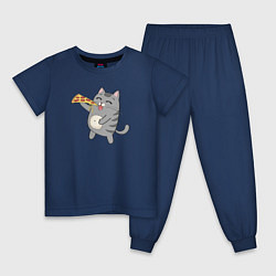 Пижама хлопковая детская Кот с кусочком пиццы, цвет: тёмно-синий