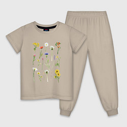 Пижама хлопковая детская Акварельная иллюстрация полевых цветов, цвет: миндальный