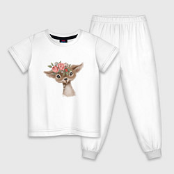 Пижама хлопковая детская Олененок с цветами, цвет: белый
