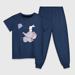 Пижама хлопковая детская Милый Слонёнок и Кролик Играют С Воздушным Змеем, цвет: тёмно-синий