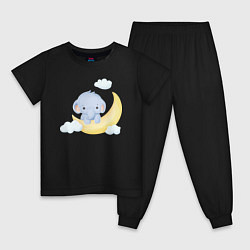 Пижама хлопковая детская Милый Слонёнок На Месяце С Облаками, цвет: черный