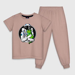 Пижама хлопковая детская Космонавт с инопланетным котом, цвет: пыльно-розовый