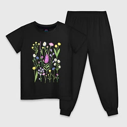 Пижама хлопковая детская Полевые цветы, растения акварелью Ботаника, цвет: черный