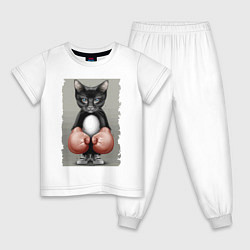 Пижама хлопковая детская Крутой котяра в боксёрских перчатках Cool cat in b, цвет: белый