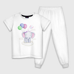 Пижама хлопковая детская Милый Слонёнок и Крольчонок На Облаке, цвет: белый