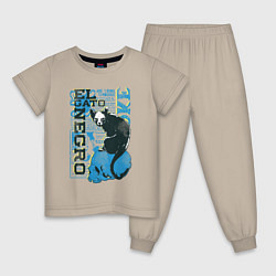 Пижама хлопковая детская Футболка с изображением черепа кошки, цвет: миндальный