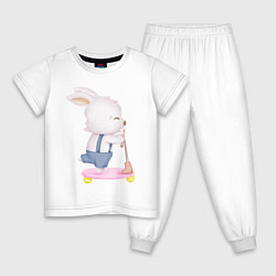 Пижама хлопковая детская Милый Крольчонок Едет На Самокате, цвет: белый