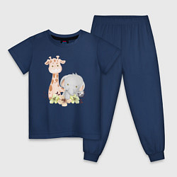 Пижама хлопковая детская Милый Жирафик и Слонёнок Сидят Среди Цветов, цвет: тёмно-синий
