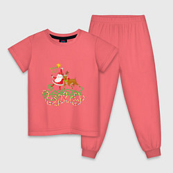 Пижама хлопковая детская Санта и Рудольф дед Мороз С Новым годом!, цвет: коралловый