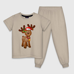 Пижама хлопковая детская Новогодний олень с бубенчиком, цвет: миндальный
