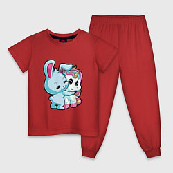 Пижама хлопковая детская Кролик и единорог, цвет: красный