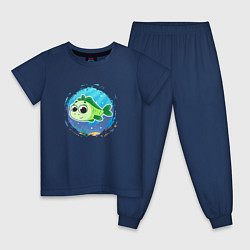 Пижама хлопковая детская Мультяшная зелёная рыбка, цвет: тёмно-синий