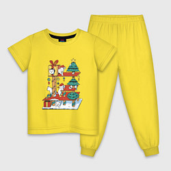 Пижама хлопковая детская Новогодние котята на домике с ёлками, цвет: желтый