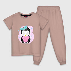Пижама хлопковая детская Пингвин с сердцем, цвет: пыльно-розовый