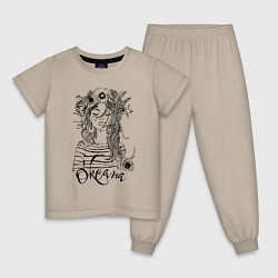 Пижама хлопковая детская Оксана в венке из летних цветов, цвет: миндальный