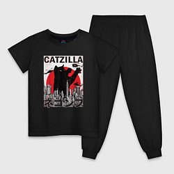 Пижама хлопковая детская Catzilla in Tokyo мем, цвет: черный