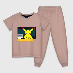 Пижама хлопковая детская Пикачу программист 8bit, цвет: пыльно-розовый