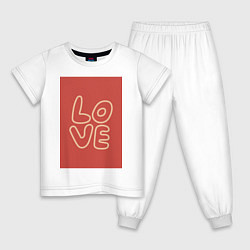 Пижама хлопковая детская Слово Love на красном прямоугольном фоне, цвет: белый