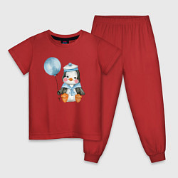 Пижама хлопковая детская Пингвин с синим шариком, цвет: красный