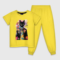 Пижама хлопковая детская Чёрный кот модник - нейросеть, цвет: желтый