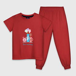 Пижама хлопковая детская Цветы, будильник и кофе - доброе утро, цвет: красный