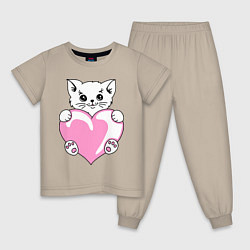 Пижама хлопковая детская Влюбленный котик, цвет: миндальный