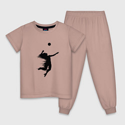 Пижама хлопковая детская Черный силуэт девушки волейболистки, цвет: пыльно-розовый