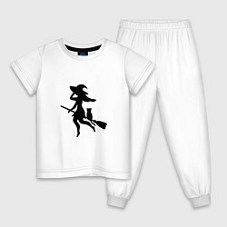 Пижама хлопковая детская Ведьмочка и кот на метле, цвет: белый