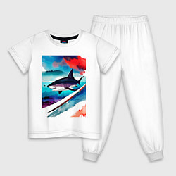 Пижама хлопковая детская Shark - watercolor - art, цвет: белый