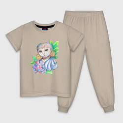 Пижама хлопковая детская Восточная киса, цвет: миндальный