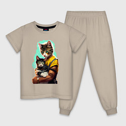 Пижама хлопковая детская Кот с котёнком - нейросеть, цвет: миндальный